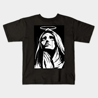 Mother Mary Saint Prayer Blessed Blackwork Minimal Kids T-Shirt